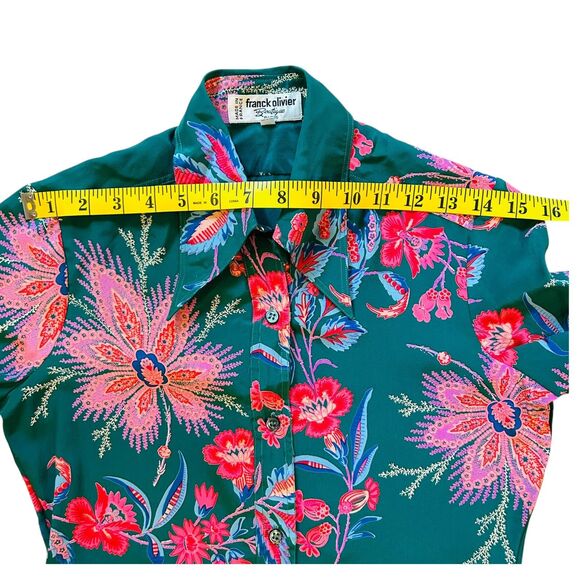 Franck Olivier Paris 1970s Silk Blouse French Size 40 Green Floral Dagger Collar - Picture 6 of 11